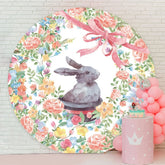 Aperturee - Pink Floral And Rabbit Round Baby Shower Backdrop